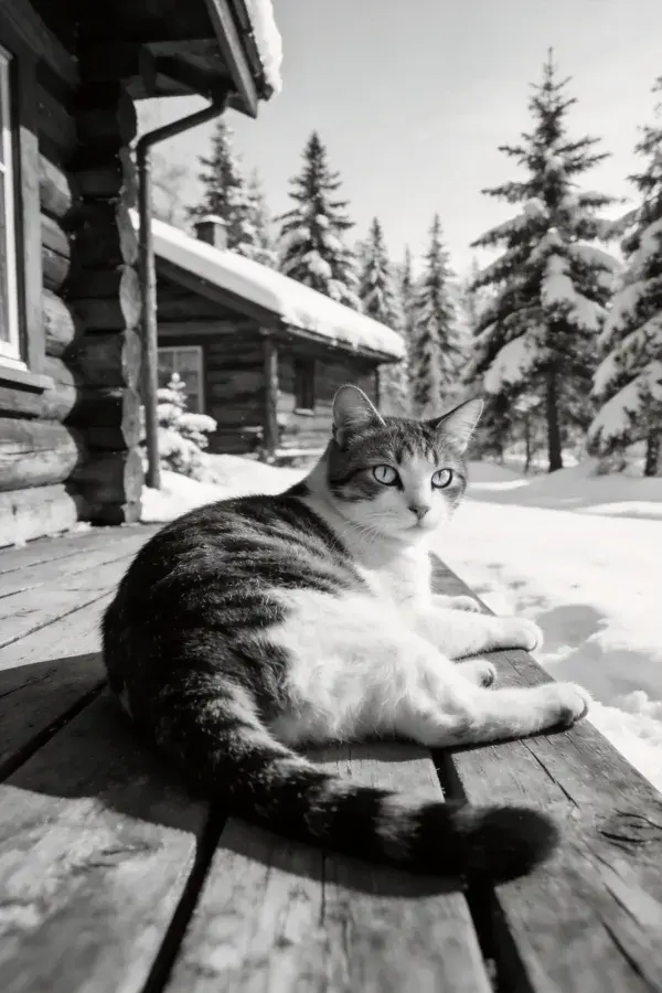 雪地木屋前的黑白短毛家猫