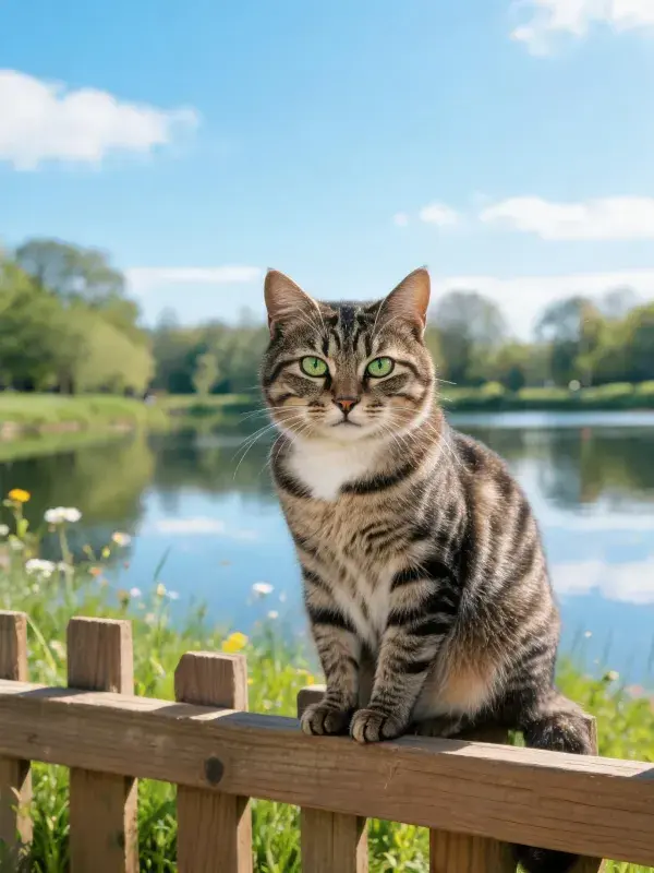湖畔木栅栏上的短毛虎斑猫