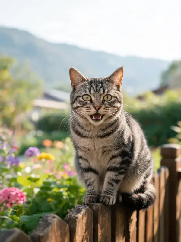 阳光下虎斑短毛猫于木栅栏上的姿态