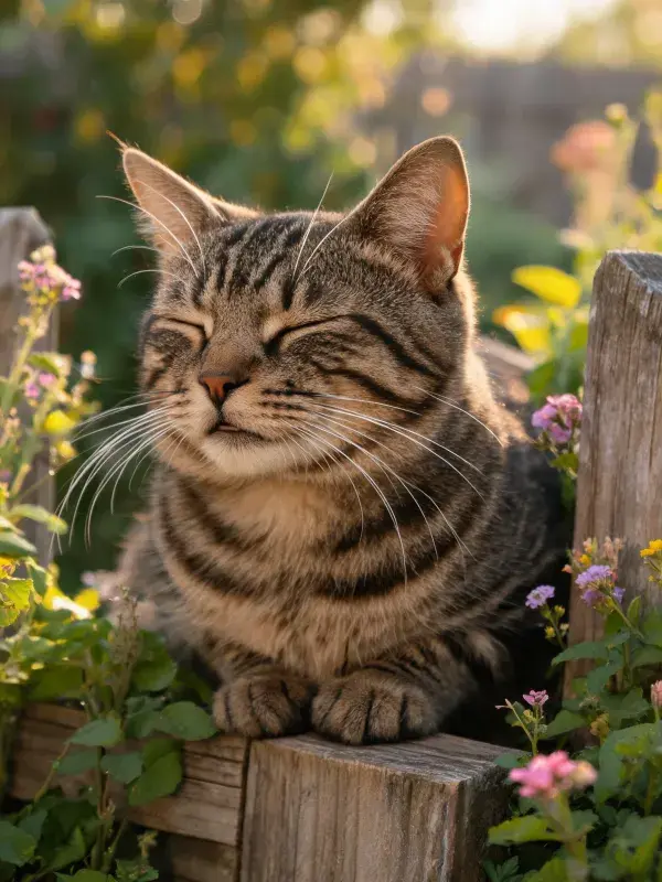 虎斑短毛猫于木栅栏间的休憩景象