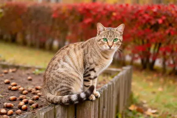 秋日木栅旁的短毛虎斑猫