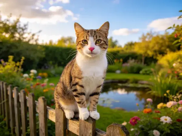 阳光花园中木栅栏上的花白短毛家猫