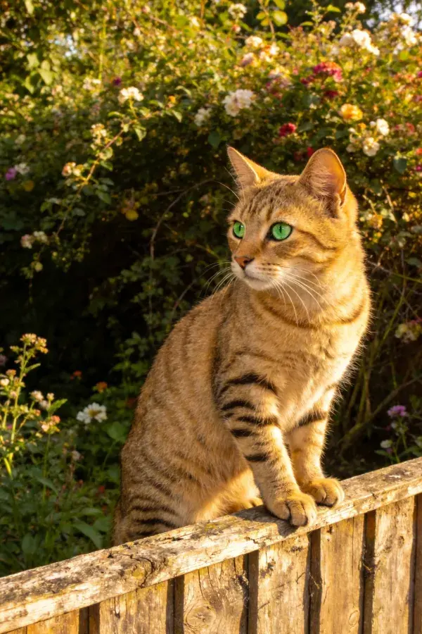 阳光木栅栏上的金虎斑猫