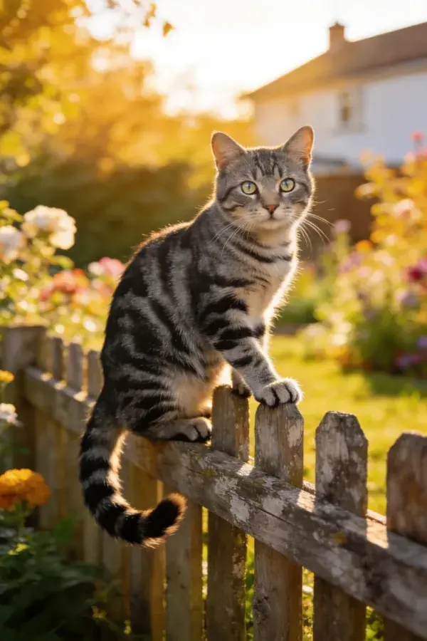 花园木栅栏上的虎斑短毛家猫