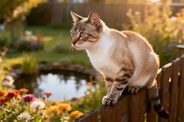 木栅栏上的玳瑁色短毛猫