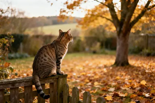 秋日花园木栅栏上的短毛虎斑猫