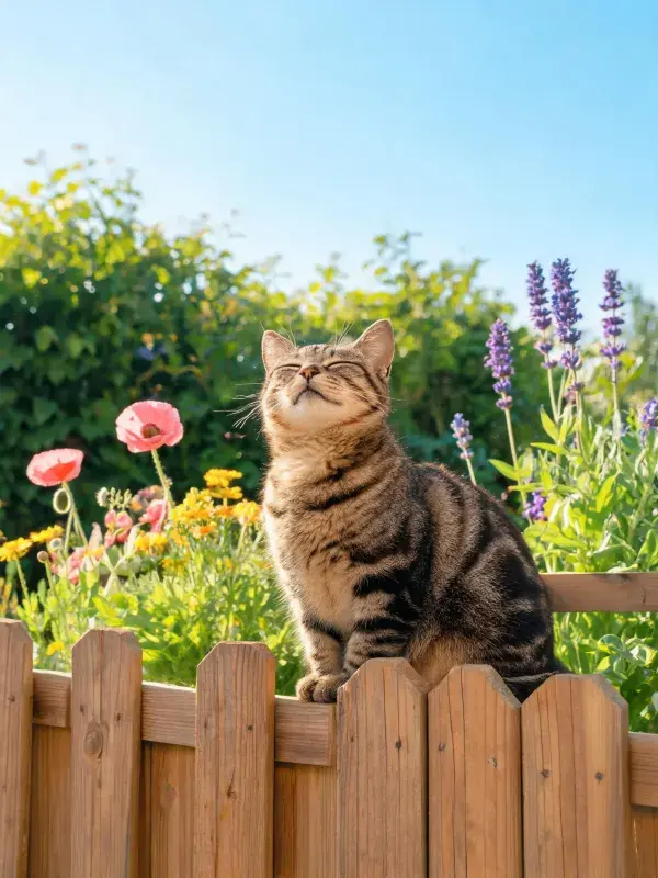 露天花园中虎斑短毛猫的休憩景象