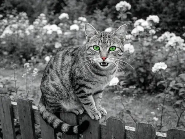 短毛虎斑猫伫立木栅栏
