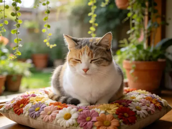 三色短毛家猫坐于花卉软垫上