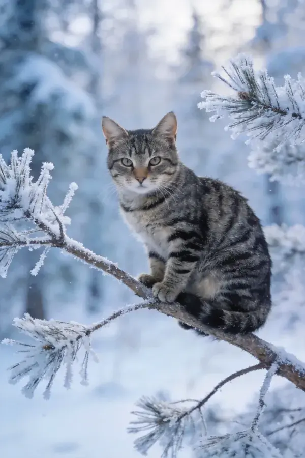 冬日雪林中栖息的家猫
