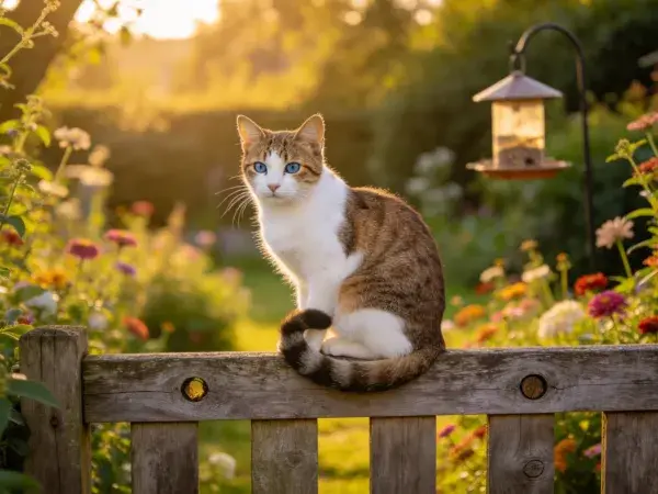短毛家猫坐于木栅栏上的花园场景
