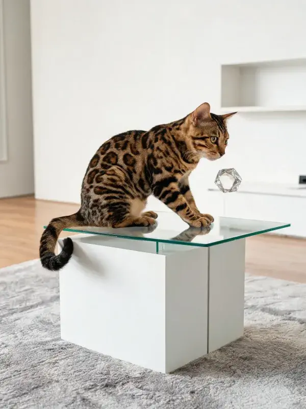 孟加拉猫坐在玻璃茶几上