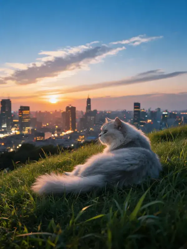 城市黄昏下的英长毛猫与都市景观