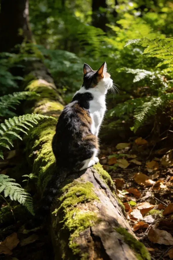三色短毛家猫栖息在苔藓覆盖的原木上