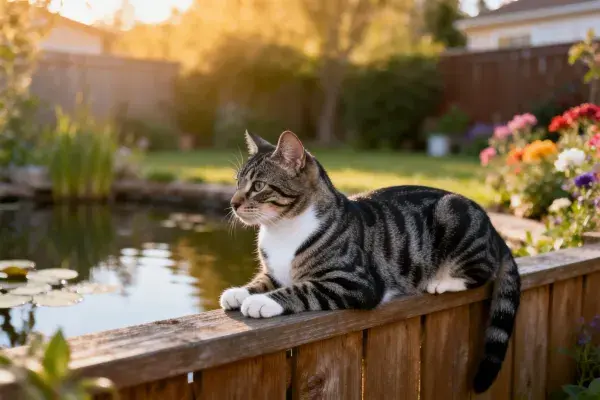 花园中木栅栏上的短毛虎斑猫