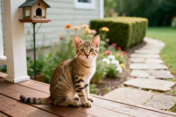 木质门廊处短毛虎斑猫的停留画面