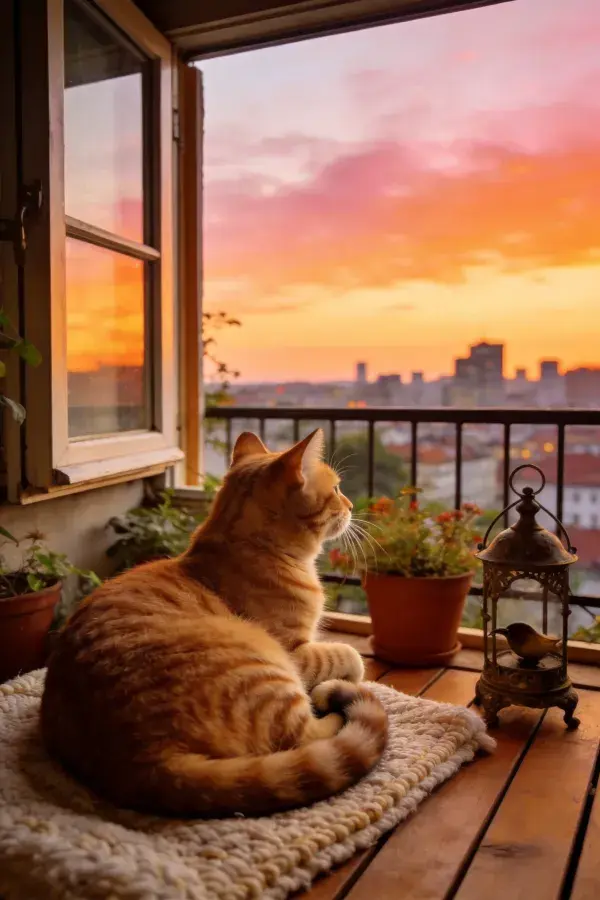 阳台黄昏时橘色虎斑猫眺望城市