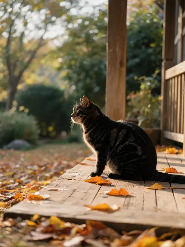 短毛虎斑猫在落叶木廊上的姿态