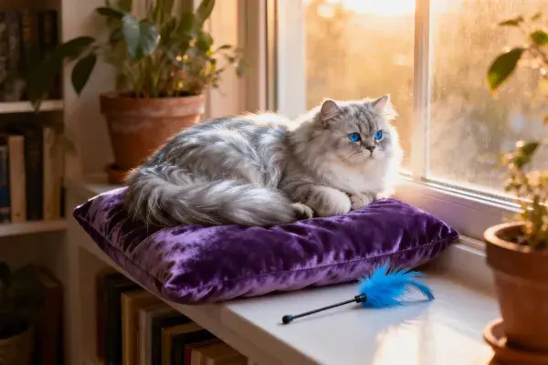 窗台上的银灰布偶猫与紫色靠绒靠垫场景