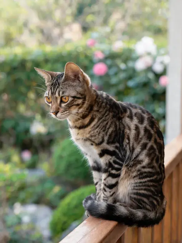 孟加拉猫于木质栏杆处的凝视