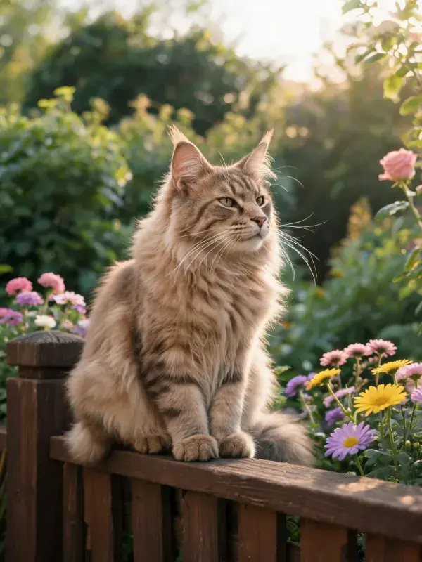 长毛缅因猫于花园木栅栏处