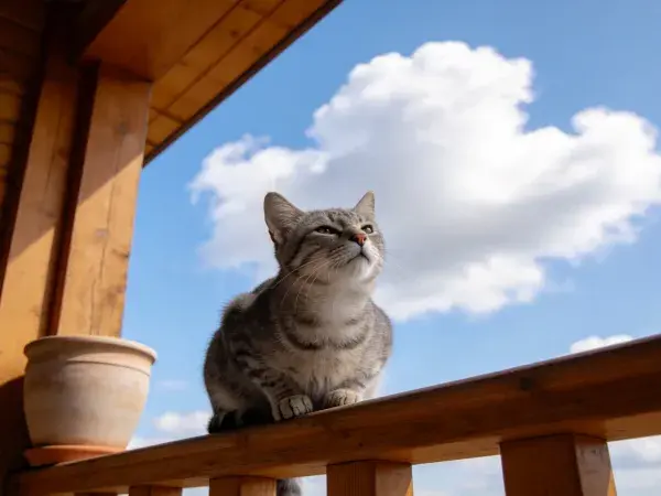 木栏杆上观察户外的灰虎斑猫