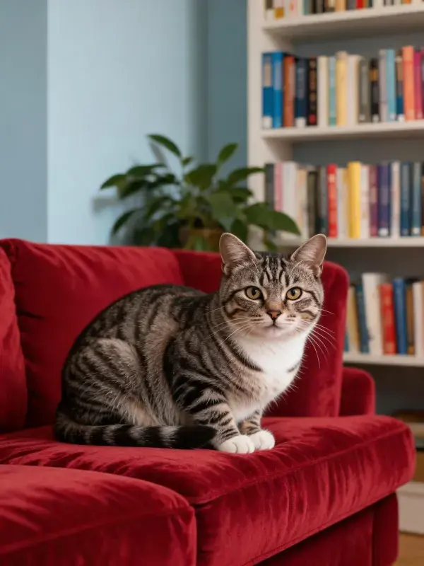 酒红色沙发上的虎斑短毛猫图景