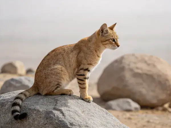 露天岩石上的沙漠猫观察景象