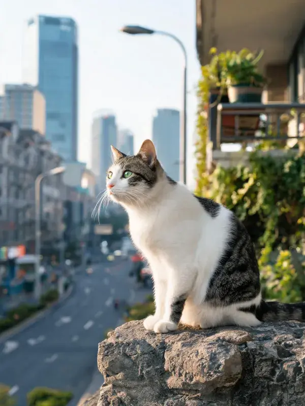 灰白相间的短毛家猫在城市景观前