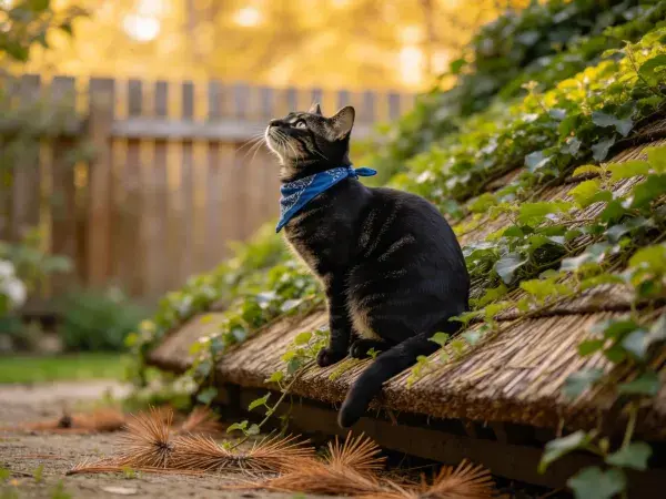 花园草顶上短毛家猫观察景象