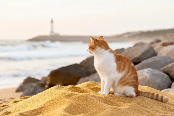 短毛家猫凝望海岸灯塔瞬间
