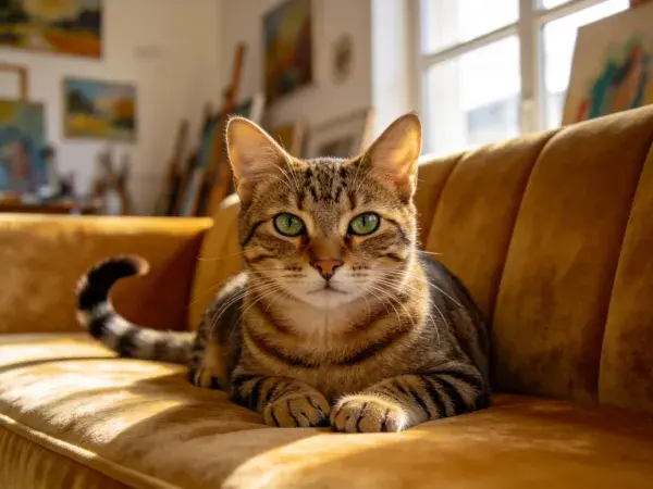 阳光下短毛虎斑猫躺卧沙发特写