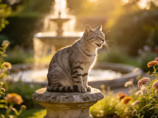 花园石座上的灰虎斑纹短毛猫