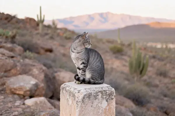 短毛虎斑猫静坐石柱上观察远方