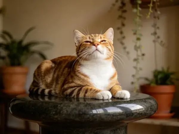 橙白相间短毛家猫静卧石质平台场景