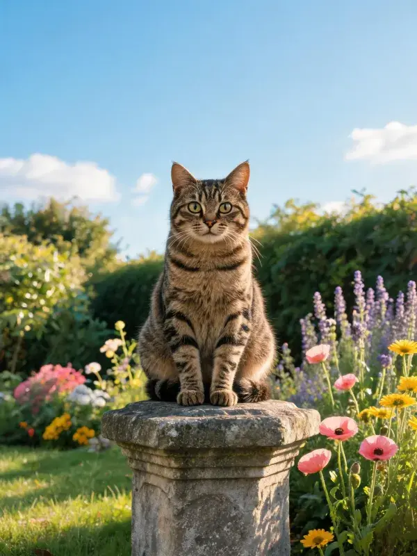 虎斑短毛猫静坐石柱之上花园场景