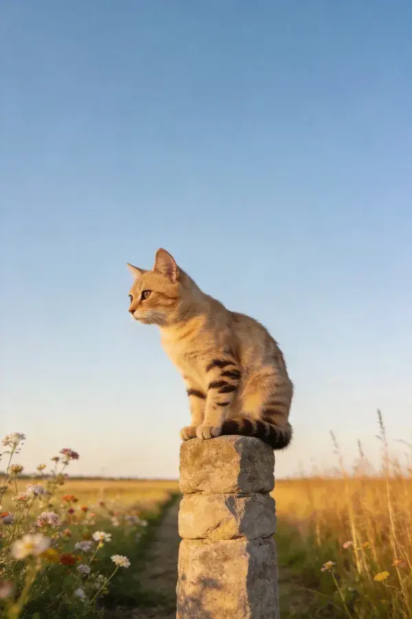 橙白相间短毛家猫坐石柱眺望