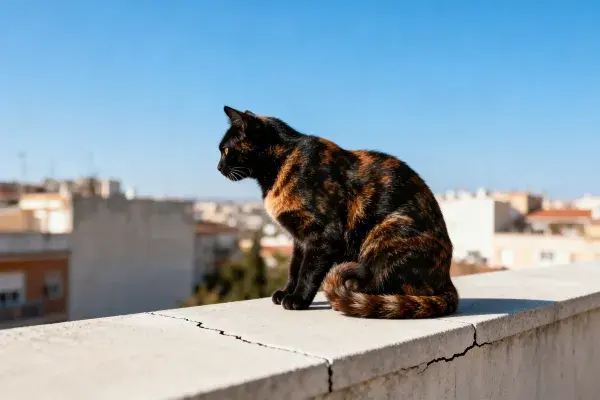 城市露台上玳瑁猫的观察姿态