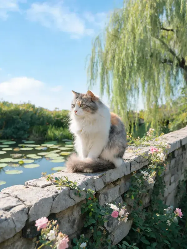 石墙边水域旁的三色长毛猫