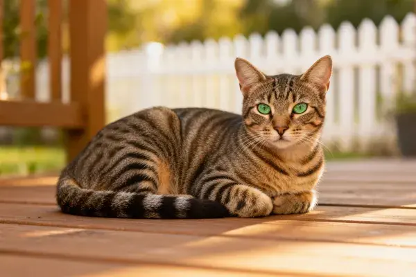 虎斑短毛猫在木质露台上注视