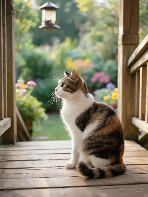 三色短毛猫于木质平台上的观望姿态