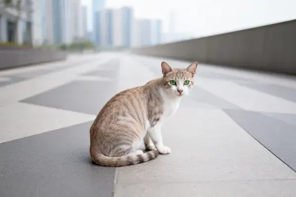 短毛虎斑家猫凝视城市步道