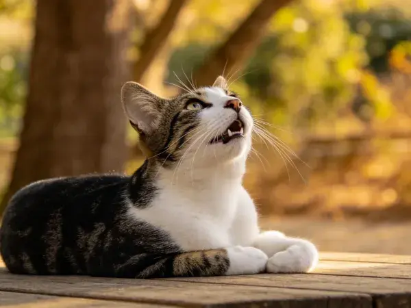 露天平台上光影下的黑白花色短毛家猫