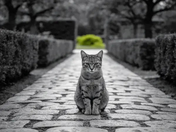 石板路中间的短毛斑纹猫