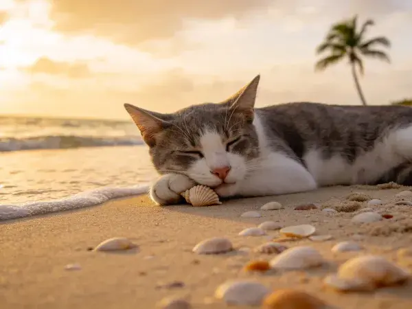 沙滩上灰白短毛家猫抱贝壳休憩场景