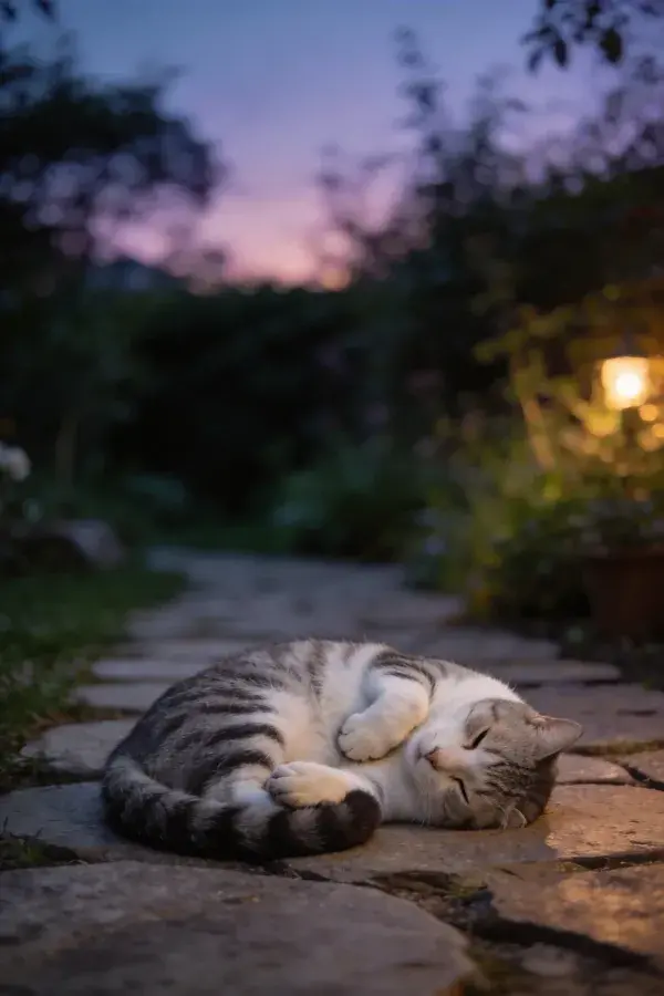 灰白条纹短毛家猫在花园石板路上休息