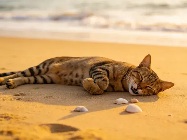 海滩上休憩的孟加拉猫特写