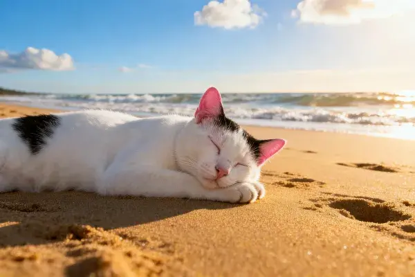 海滩上黑白短毛家猫休息状态捕捉