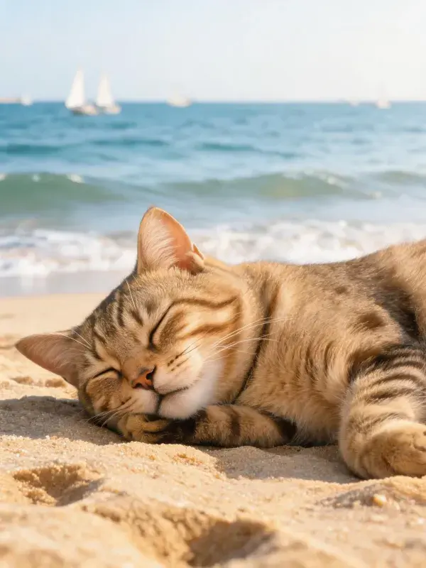 沙滩上橙虎斑短毛猫的休息状态