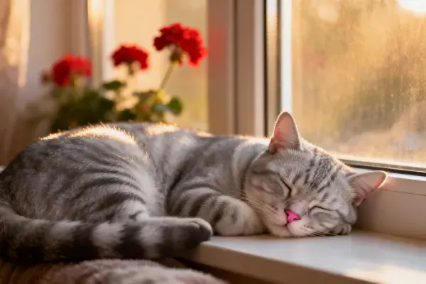 窗台上的休憩灰虎斑猫
